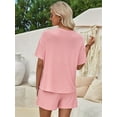thumbnail image 6 of Women Matching Shorts Knitted Pockets Sets Fall Round Neck 2 Piece Set Summer Short Sleeve Lounge Sets Pink XL, 6 of 8