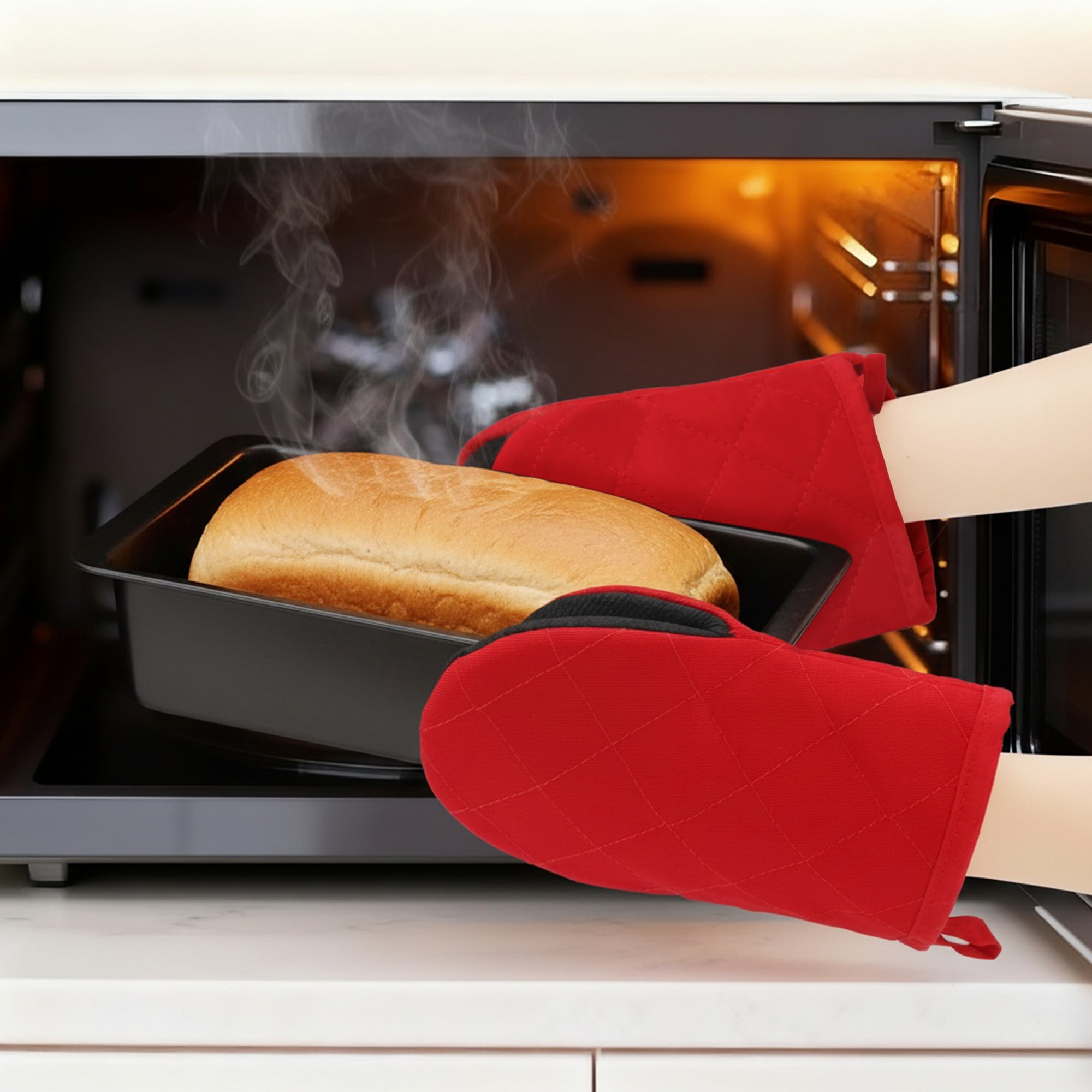 Unique Bargains Oven Mitts Heat Resistant Cooking Gloves Red 7.9x5.7inch