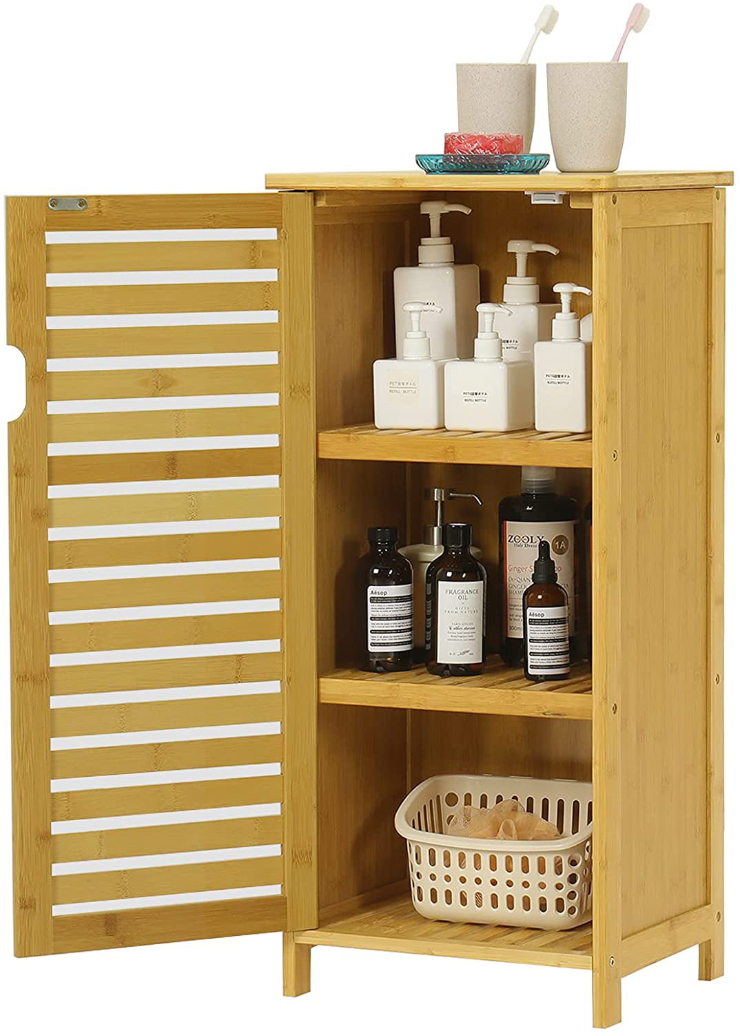  VIAGDO Over The Toilet Storage Cabinet, Tall Bathroom Cabinet  Organizer with Cupboard and Adjustable Shelves, Freestanding Toilet Shelf  Space Saver Rack Stand for Laundry Room, Balcony, Bamboo : Home & Kitchen