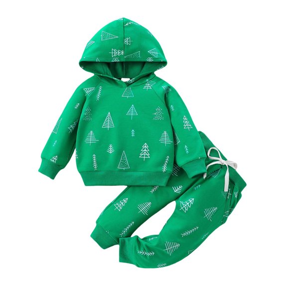 Baby Kids 2 Piece Hoodie Outfits Cross Printed Long Sleeve Crewneck Sweatshirt and Jogger Pant Sets for Boys Girls (12 Months, Green)