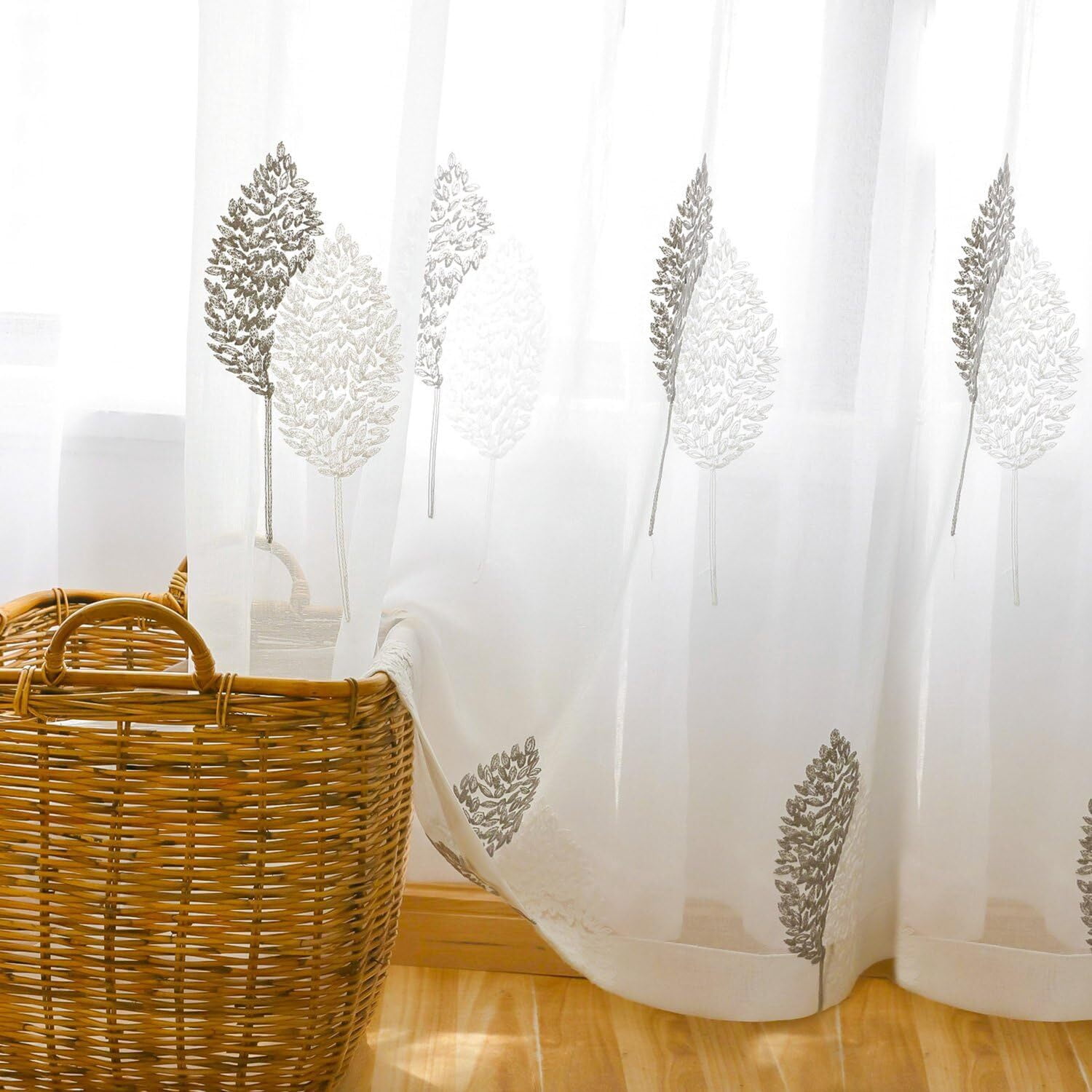 VOGOL White Sheer Curtains 63 inches Length, Leaves Embroidered Voile Sheer Panels for Living Room, Bedroom, 52x63, Set of 2, Rod Pocket