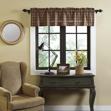 Primitive Curtains For Kitchen Natural Tan Primitive Kitchen Curtains Cinnamon Plaid Rod Pocket Cotton Hanging Loops Plaid 16x60 Valance ()
