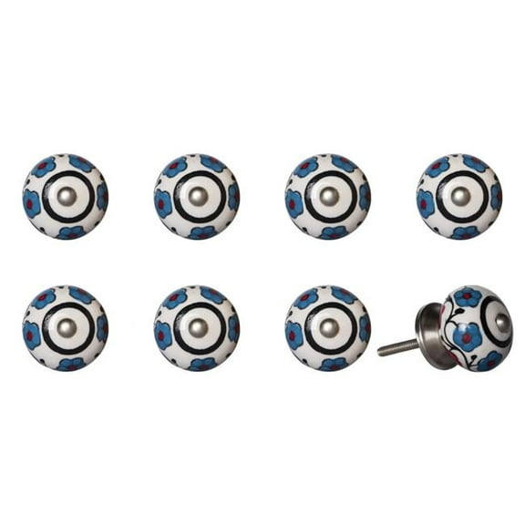HomeRoots 544436 Blue & White Ceramic & Metal Drawer Pull Knobs - Set of 8