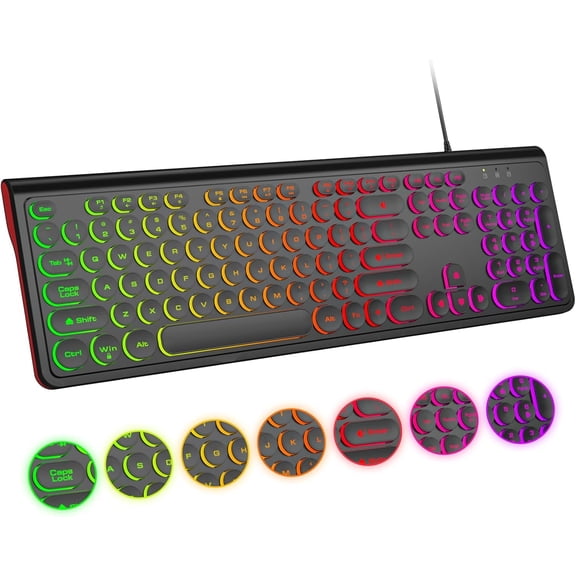 USB Wired Keyboard with Backlit 7-Colors, Full Size Keyboard with Retro Keycaps, Numeric Keypad and Media Hotkey for Computer Desktop PC Laptop and Windows 7 8 10 11