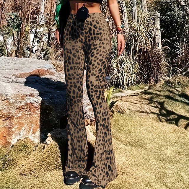 LOVZFMLL Pantalon pour Femme, Pantalon Évasé à Imprimé Léopard Brun, m