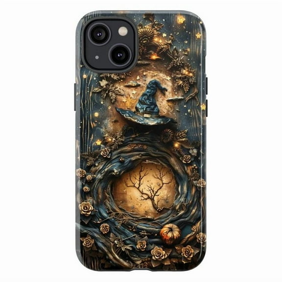 Mystical Halloween Witch Hat Phone Case with Moon & Pumpkin Forest Design, Phone Protective Case for iPhone 16 15 14 13 12 11 Pro Max Plus Mini
