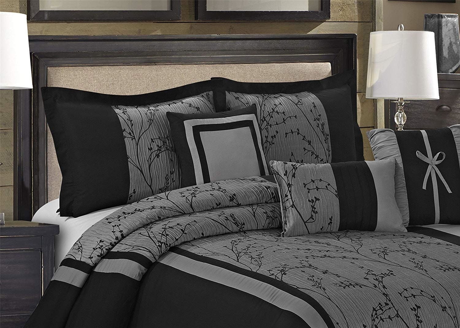 EvJk 7 Piece Traditional Comforter Set, Jacquard Patchwork, Gray, King