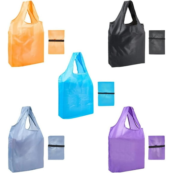 5 Pack 5 Colors Reusable Grocery Bags Foldable Large Shopping Bag Bulk Lightweight Washable Pocket Heavy Duty Tote Bags with Handles Polyester for Women Men Shopping Travel Beach 24x15in