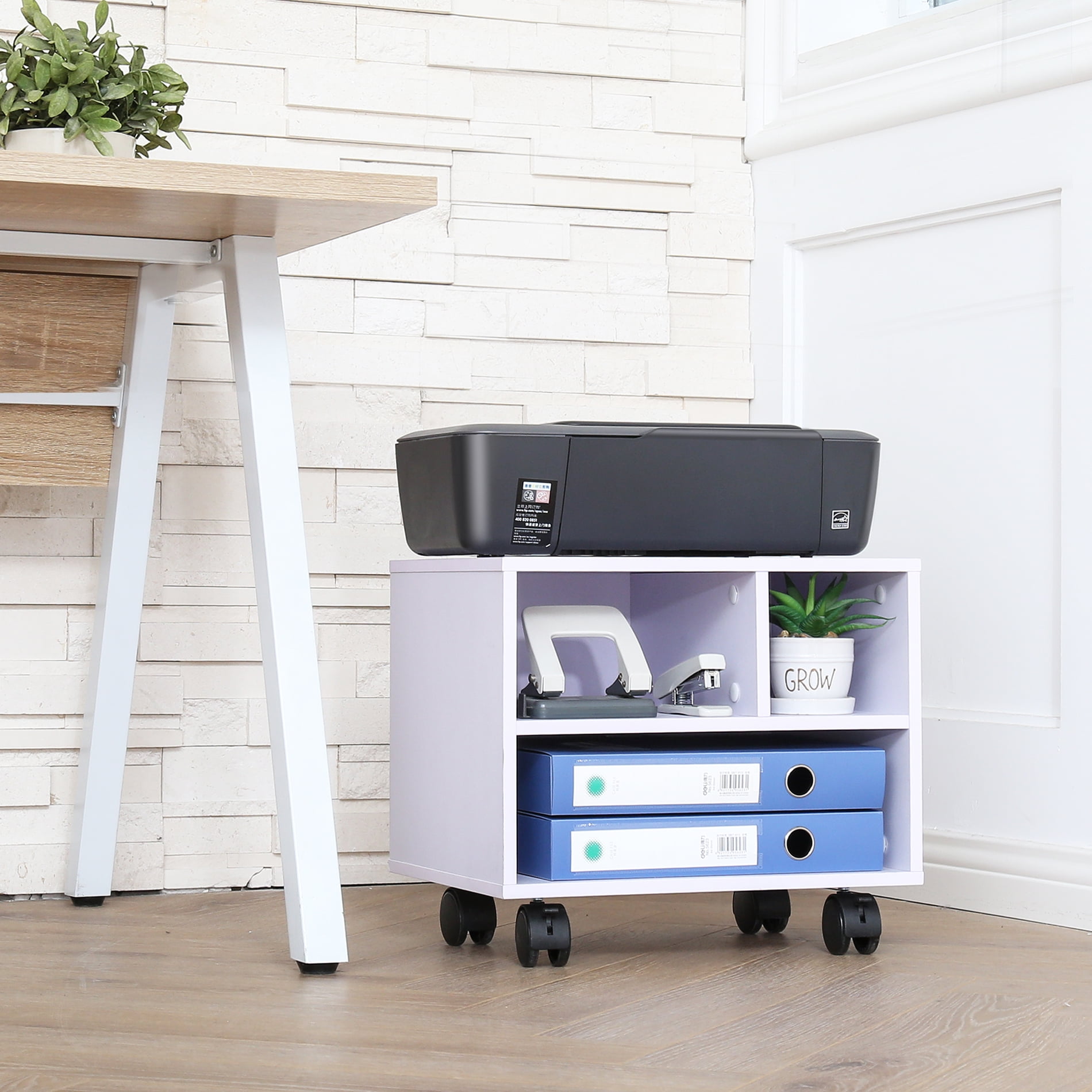 FITUEYES Printer Stand on Wheels Mobile Under Desk Work Cart, White