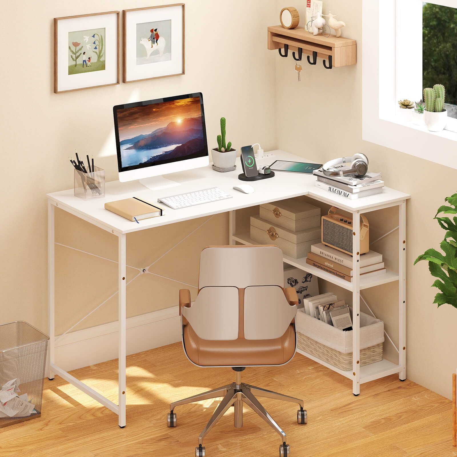 Costway L-Shaped Computer Desk with Power Outlets Adjustable shelf Heavy-Duty Metal Frame White