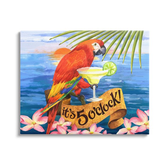 Stupell Industries Tropical Parrot with Cocktail Animals & Insects Painting Gallery Wrapped Canvas Print Wall Art, 20 x 16
