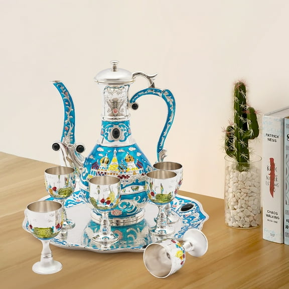 Exquisite Antique Tea Set, 7-Piece Zinc Alloy Tea Set with Teapot, 6 Teacups, Elegant Silver & Blue Design, Perfect for Tea or Wine, Gift Ready