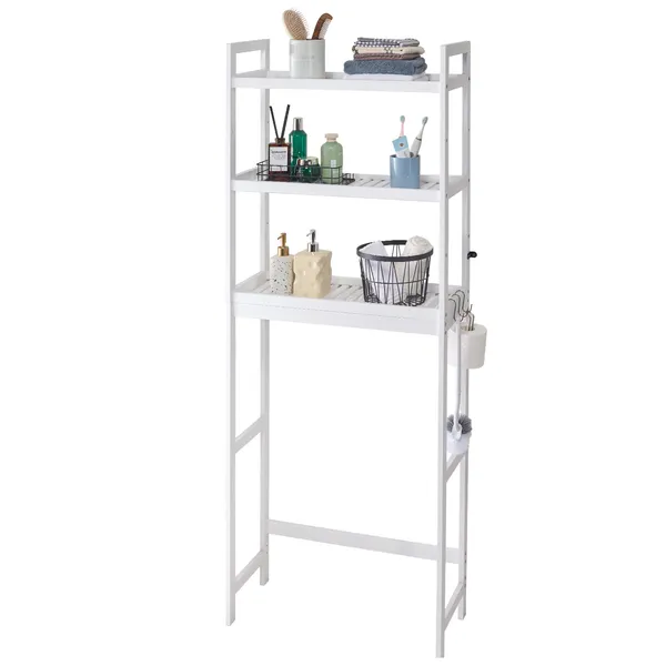 Over the Toilet Storage, 3-Tier Adjustable Over Toilet Bathroom Organizer, Bamboo Storage Shelf Rack with 3 Hooks, Freestanding Easy Assembly Laundry Space Saver, Fit Most Toilets, White