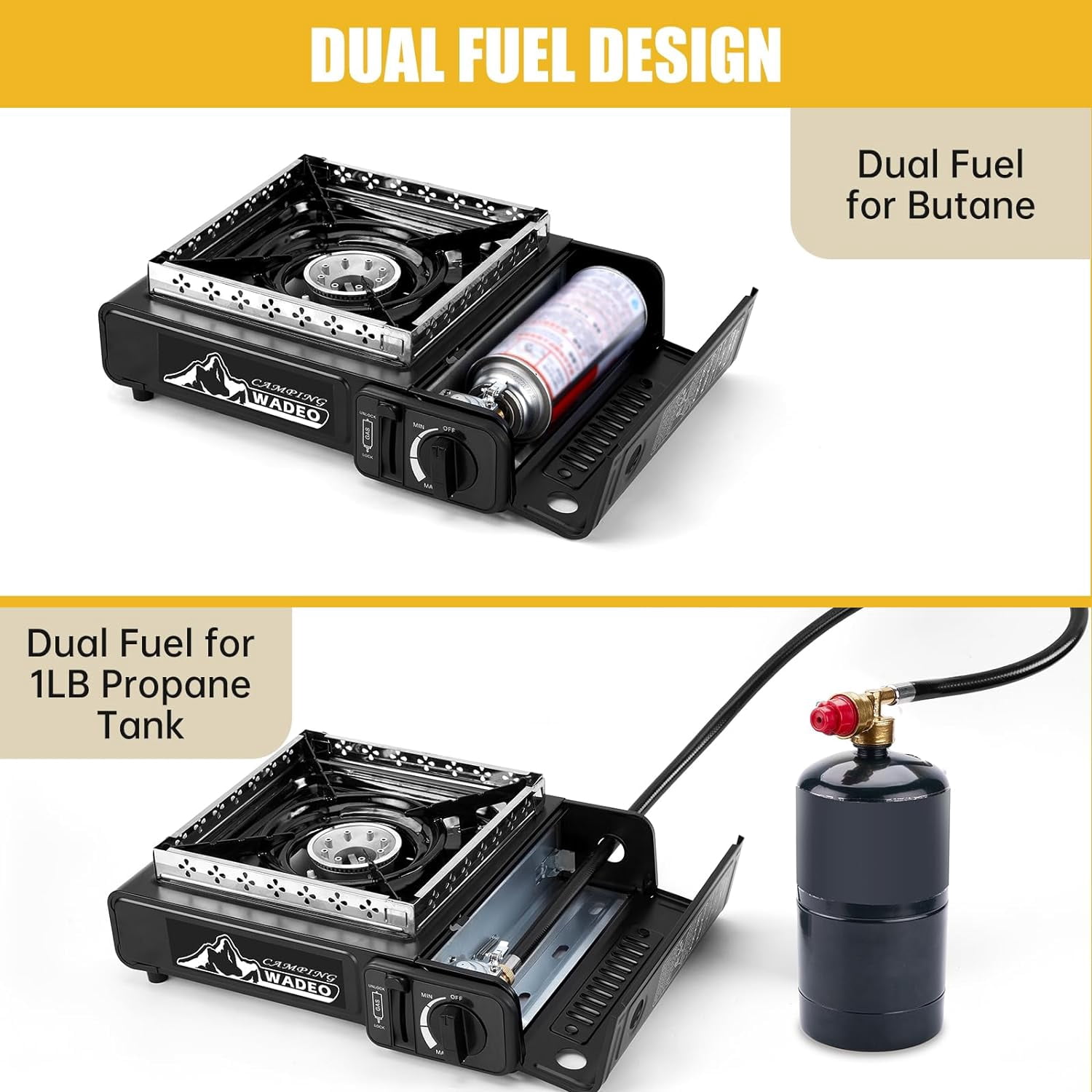 WADEO Dual Fuel Stove Portable Camping Stove with 3FT CGA600 & M16*1 Propane Regulator Hose, Portable & Windshield Camping Stove for Camping Hiking Party