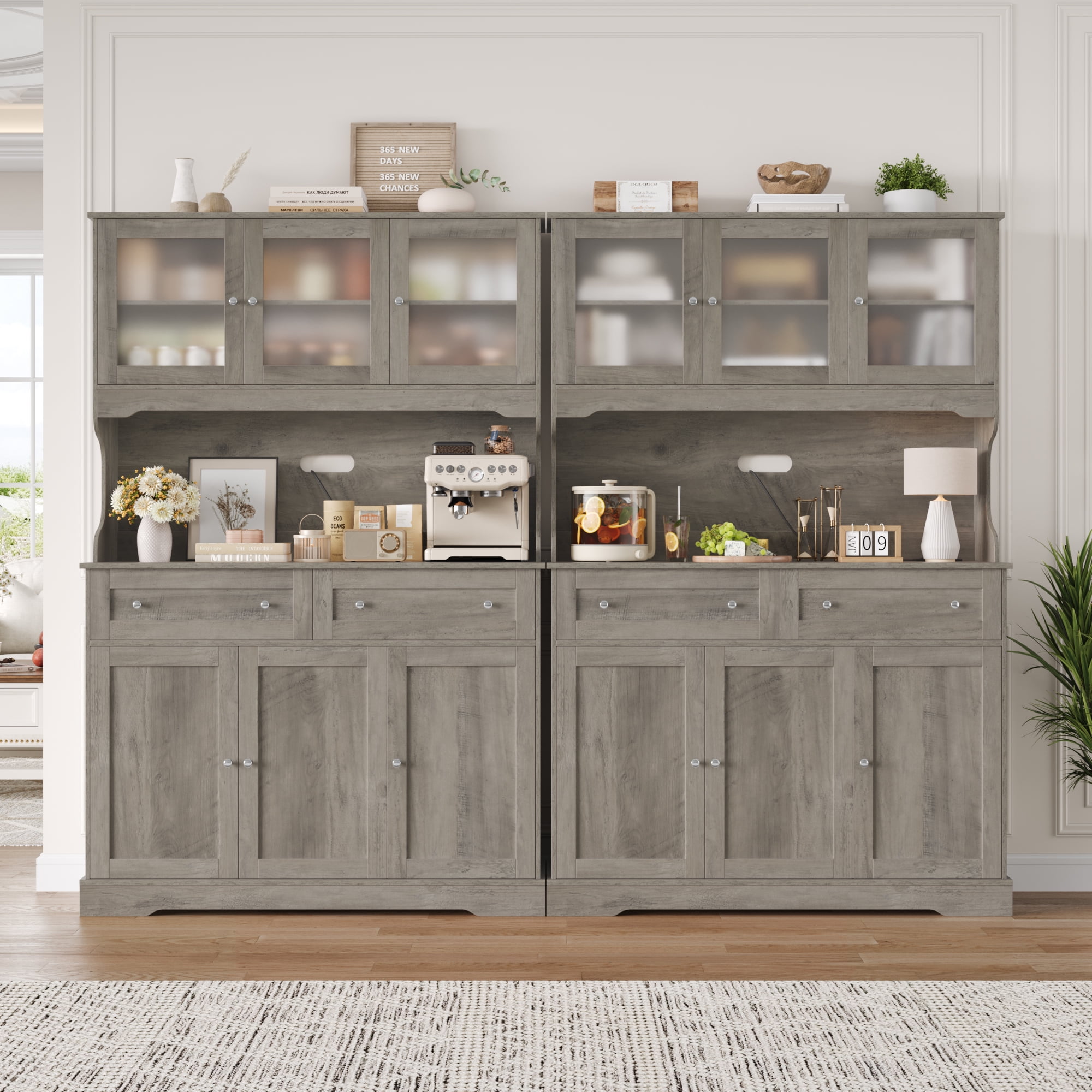 Hiphuta 72"Tall Kitchen Pantry Storage Cabinet with Power Outlet, Freestanding Cupboard Storage Buffet Hutch with Microwave Stand, Storage Pantry with Drawers & Glass Doors, Ash Gray