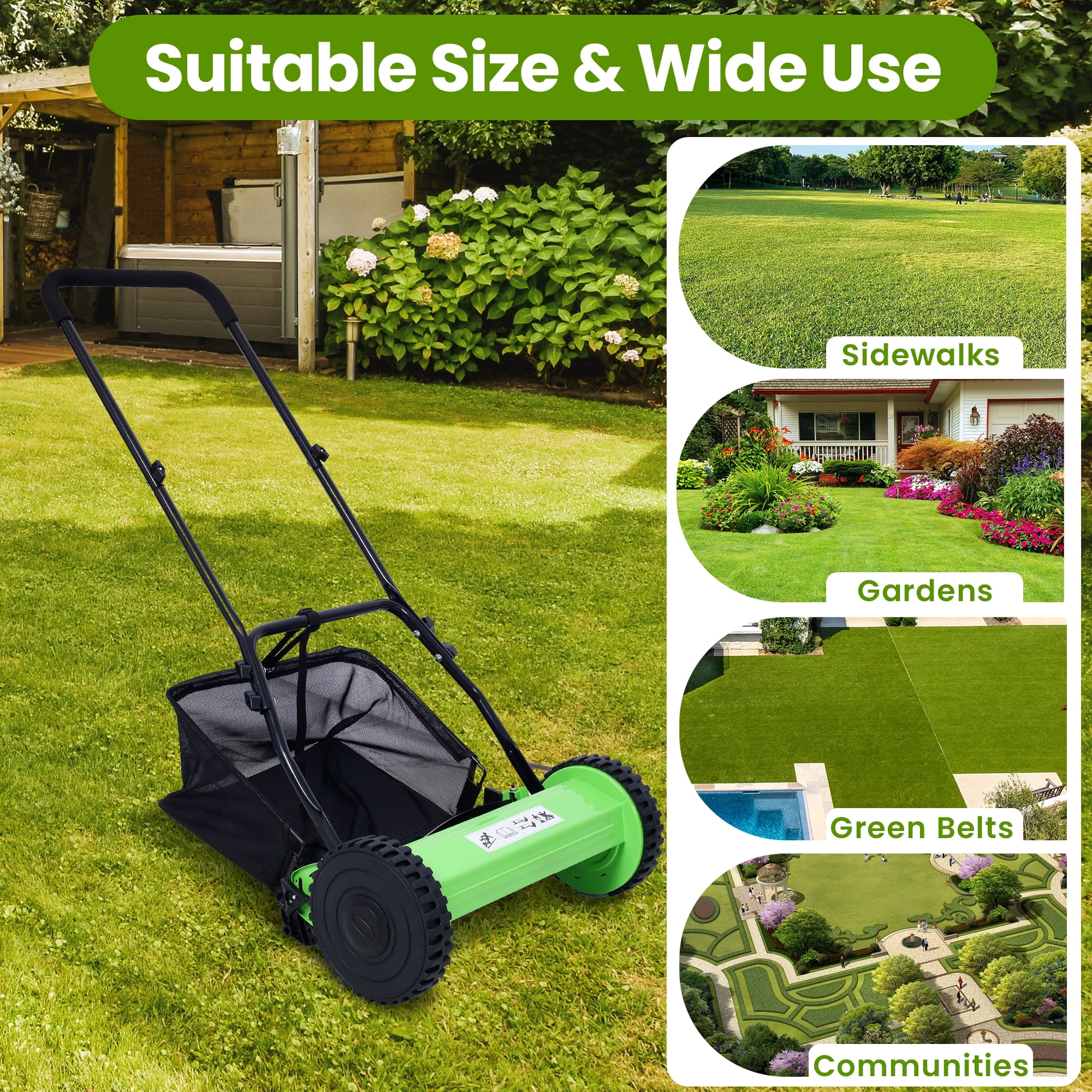 Seizeen Push Lawn Mower, 14-Inch 5-Blade Real Lawn Mover with Grass Catcher, 0.6’’-1.8’’ Height Adjustable Manual Lawn Mower with Bag, Green