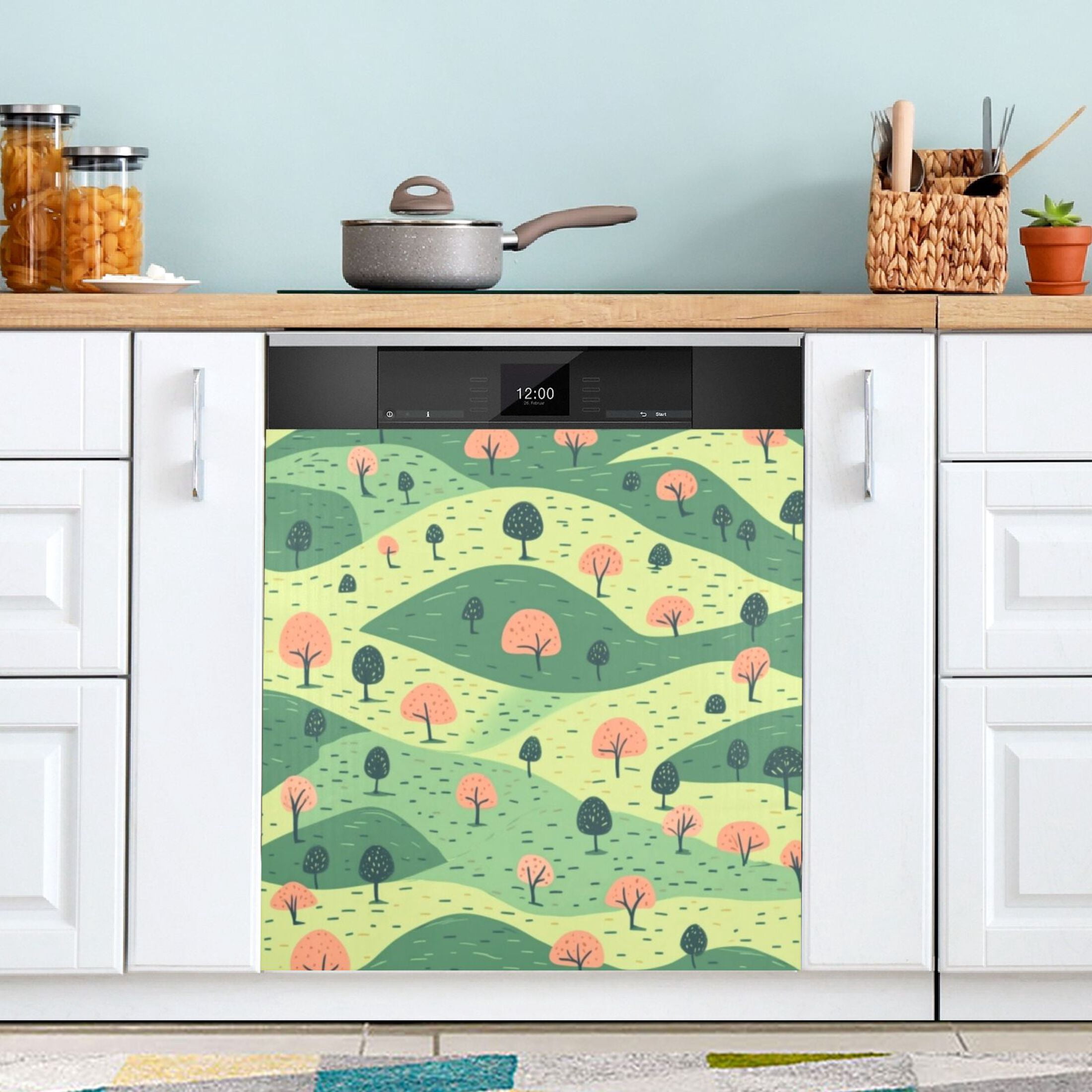 Dishwasher Magnetic Sticker 23x26 Inch Refrigerator Magnetic Sticker Washing Machine Magnetic Sticker Kitchen Panel Magnetic Sticker Home Decor Green Cartoon Hill