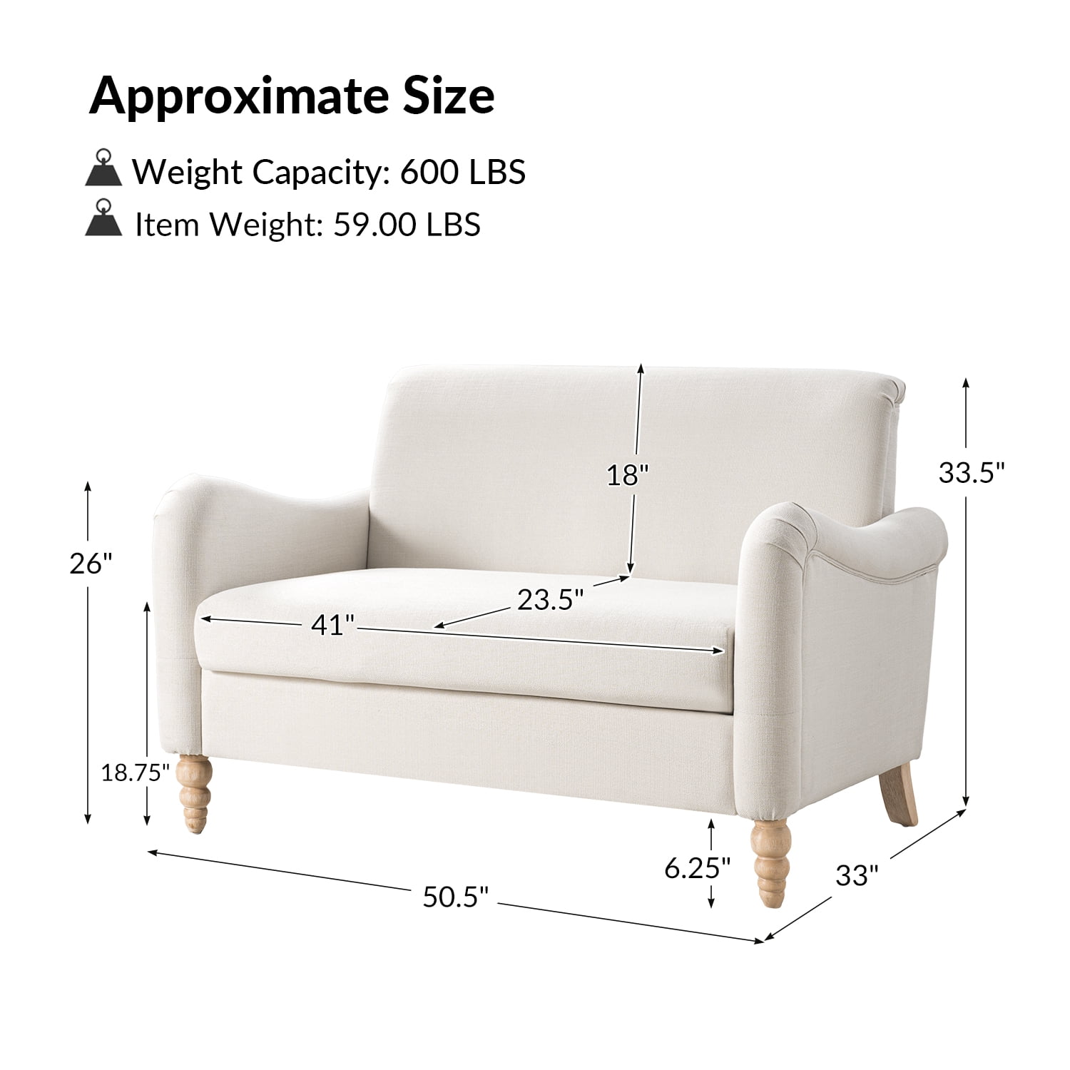 Tina's Home 50" Farmhouse Loveseat Sofa with Slope Arms and Solid Wood Bobbin Legs for Living Room, Ivory