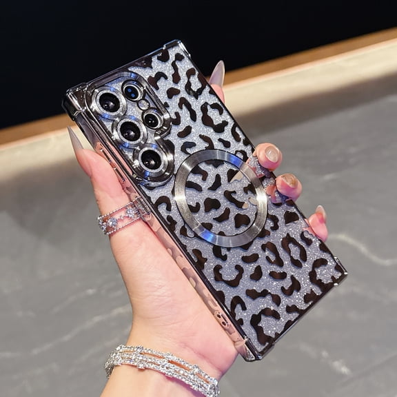 Case for Samsung Galaxy S25 Ultra, Compatible with MagSafe Gradient Glitter Bling Leopard Design Plating Camera Lens Protection Clear Soft Shockproof Anti-Scratch Cover for Women Girls, Silver