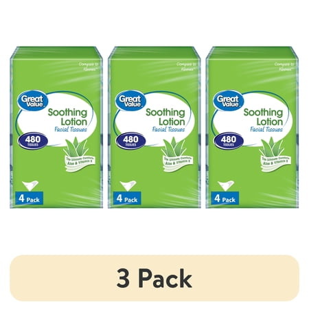 (3 pack) Great Value Soothing Lotion Facial Tissues, 4 Flat Cartons, 120 Tissues per Flat
