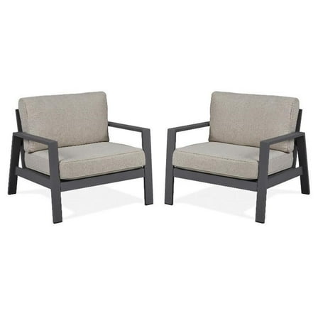 Home Square Aluminum Outdoor Chair with Cushions in Slate Gray & Tan - Set of 2