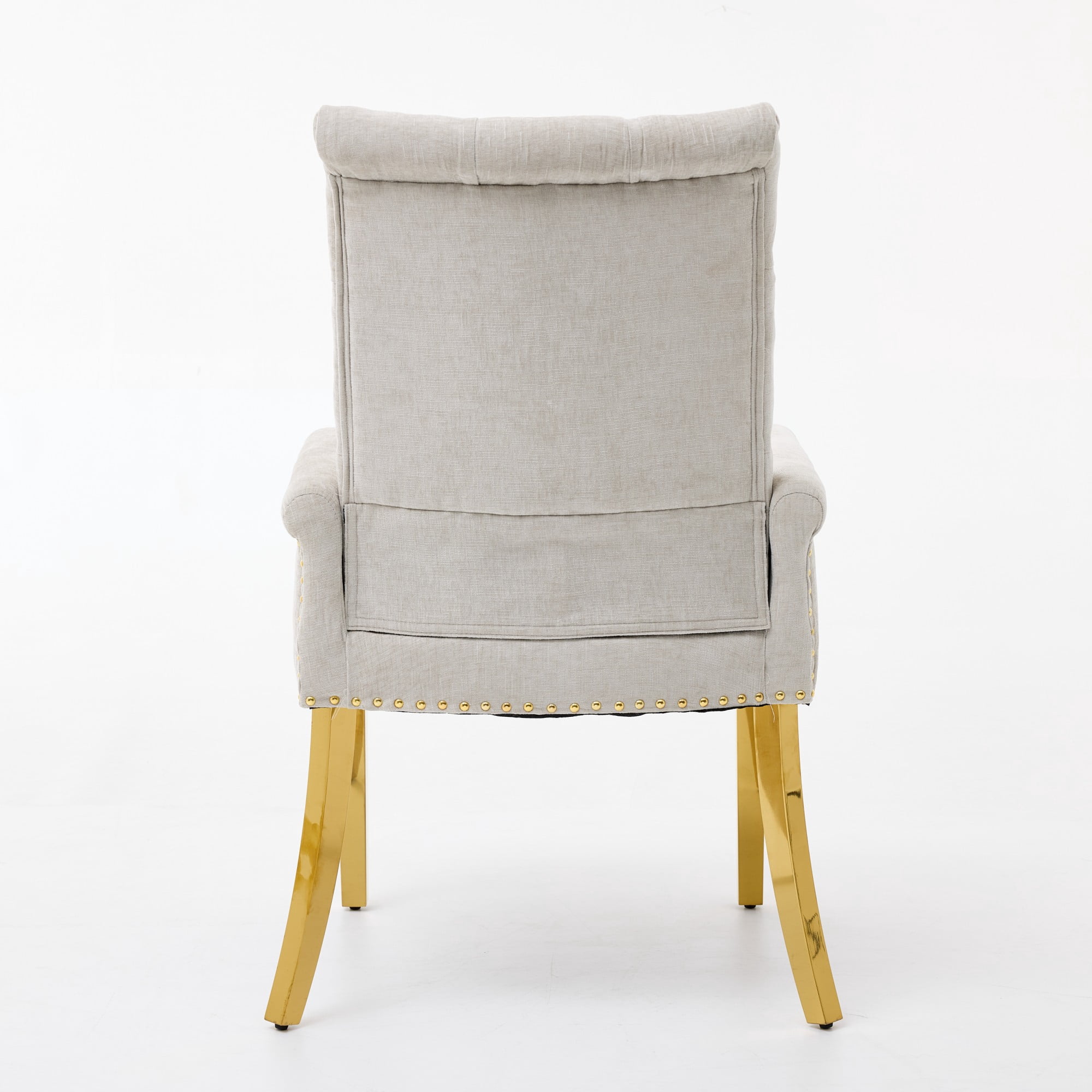 GARITIN Upholstered Dining Chair with Arms, Tufted Button High Back Accent Chair with Nailhead Trim and Stainless Steel Legs, Beige & Gold