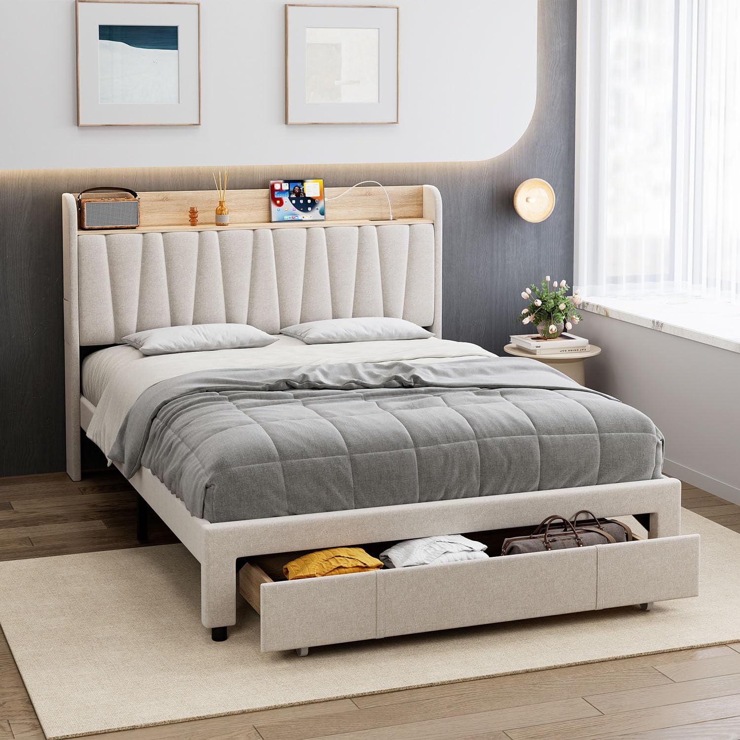 Hetoy Full Size Bed Frame with Drawer, Upholstered Platform Bed Frame with Storage Headboard and Charging Station, Mattress Foundation with Solid Wooden Slats Support, No Box Spring Needed, Beige