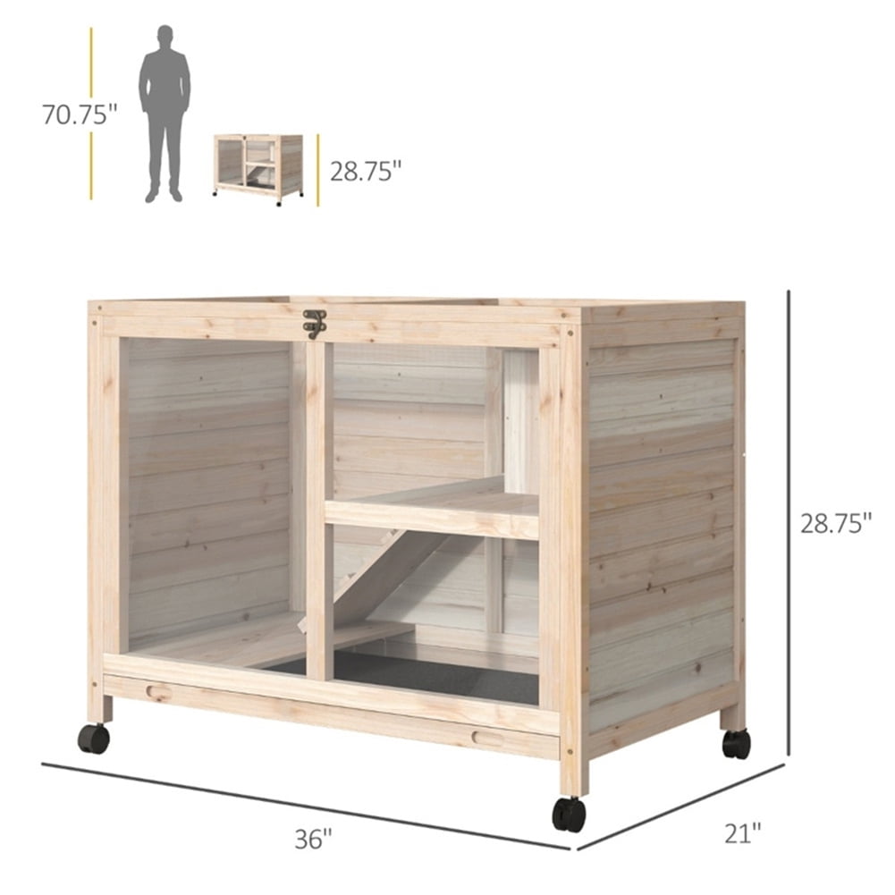 Kepooman 2 Tier Solid Wooden Rabbit Cage with 2 Transparent Rooms for Real Time Observation of Pet Status, Indoor Outdoor Rabbit Cage Guinea Pig Cage Small Animal Pet House, Natural