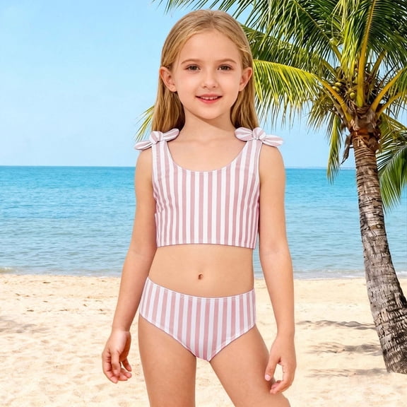 YTCAMLO Two Piece Girls Bathing Suits Casual Striped Printed Sun Protection Cropped Tops and Boy Shorts Quick Dry Summer Swim Suit, Khaki 4-5 Years