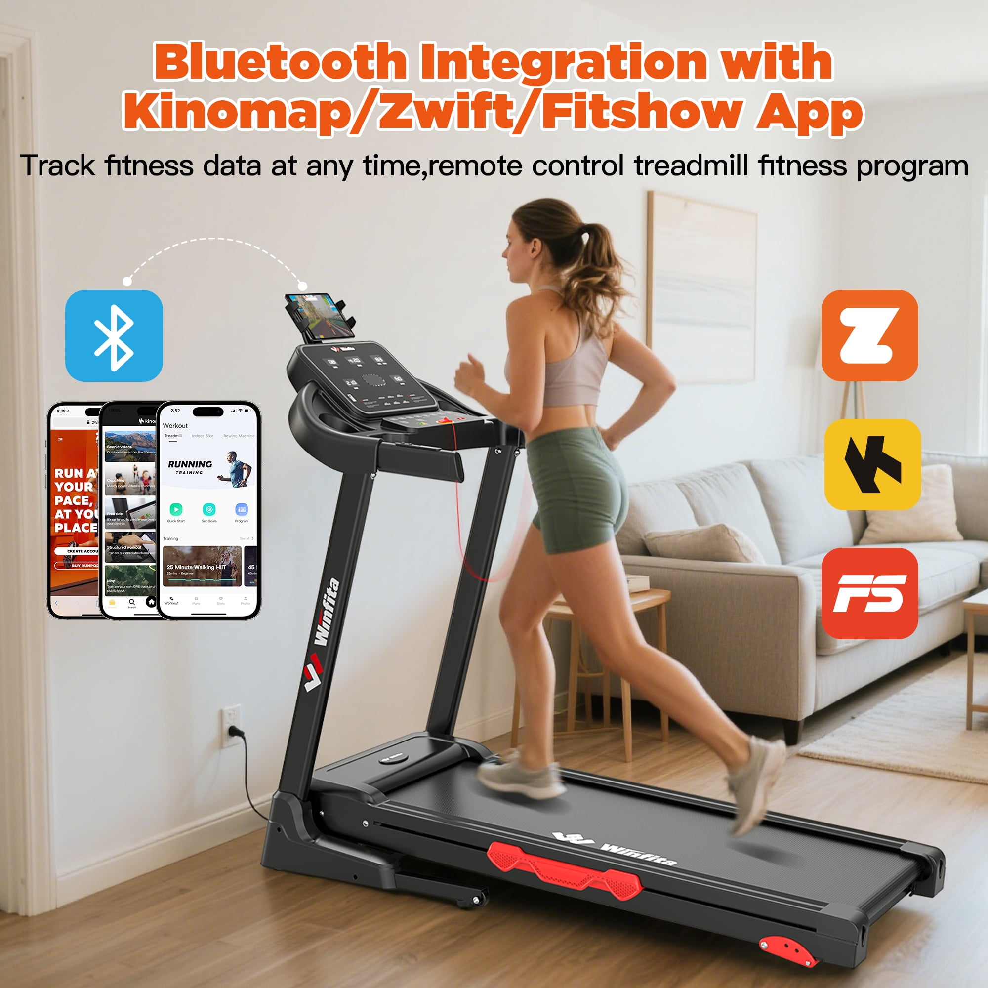 Winfita Folding Treadmill with Incline, 3.5 HP Manual Incline Treadmill, 300 lb Capacity, 0.6-8MPH, APP, LED Display, Exercise Equipment for Walking, Jogging, Running