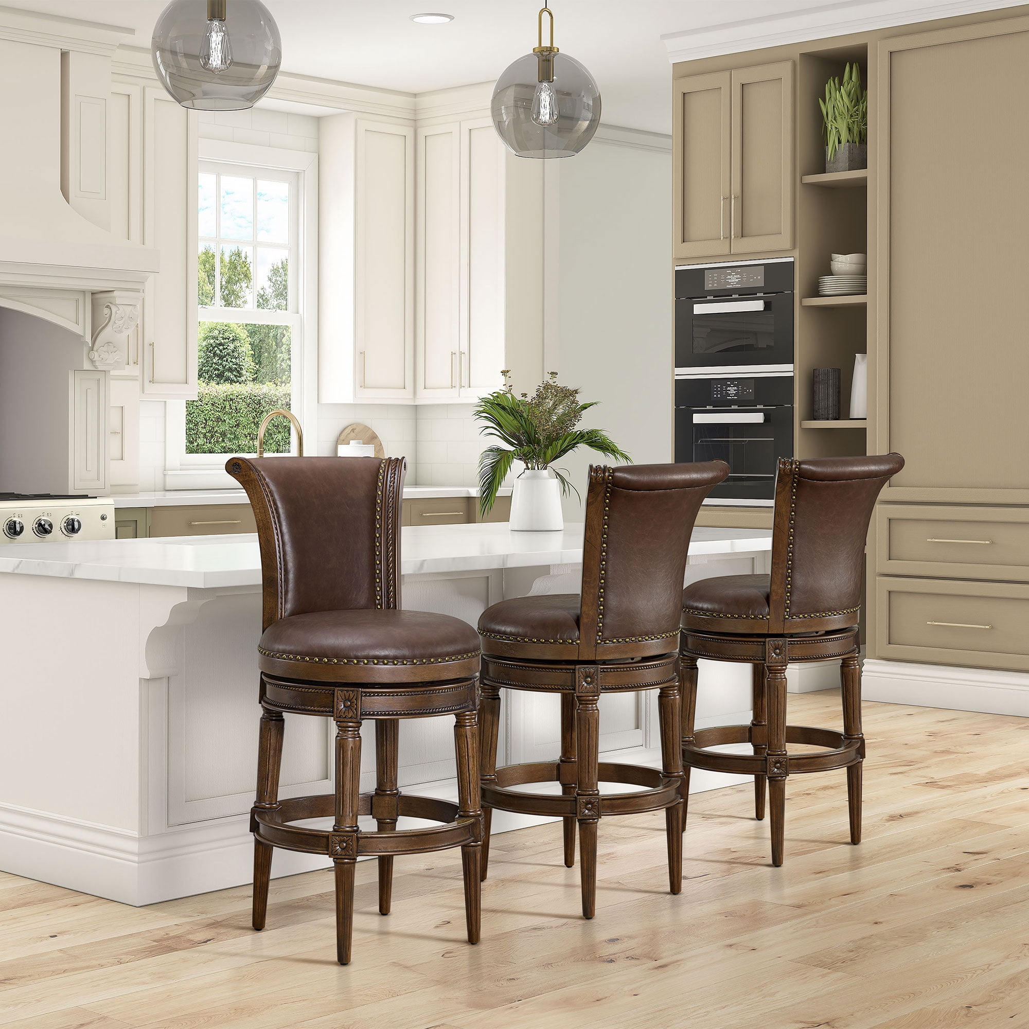 ROME + OAK Runyan 31" Swivel Bar Stool, Dark Walnut Wood, Vintage Brown Faux Leather, Set of 3
