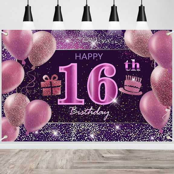 16th Birthday Decorations for Girls Happy Birthday Banner Pink Decorations for A Party Birthday Backdrop for Women