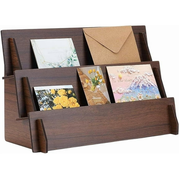 Brown 3 Tier Greeting Card Display Stand Retail Wooden Display Riser Wood Craft Fair Display Rack Stand Wood Countertop Display Stand for Postcard Brochure Photos Picture Vendors 35x14.2x20.8cm