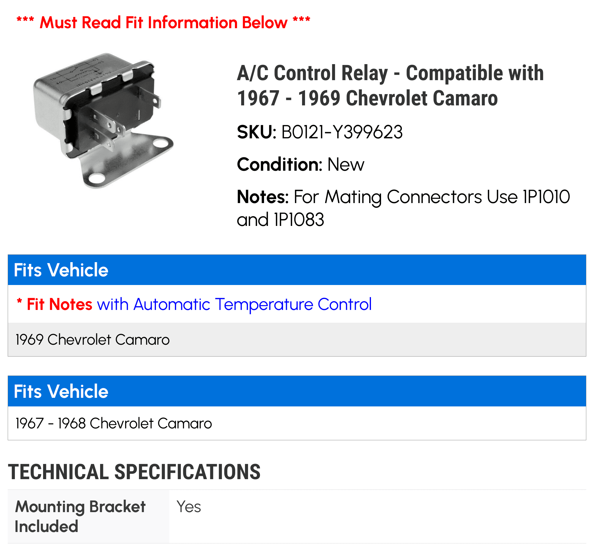 A/C Control Relay - Compatible with 1967 - 1969 Chevy Camaro 1968