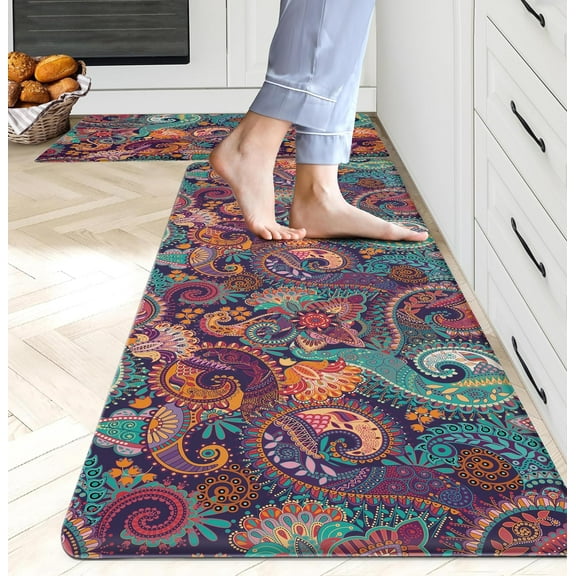 Boho Anti Fatigue Kitchen Mat Set of 2, Paisley Floral Kitchen Rugs and Mats PVC Rubber Waterproof Non Skid Cushioned Comfort Standing Mats Memory Foam Mat for Kitchen, Office, Laundry