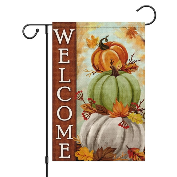 VOCHIC Welcome Fall Garden Flag Thanksgiving Pumpkin Small Burlap Double Sided 12x18 Inch Outdoor Yard Flag Home Autumn Outside Outdoor House Decoration (Only Flag)