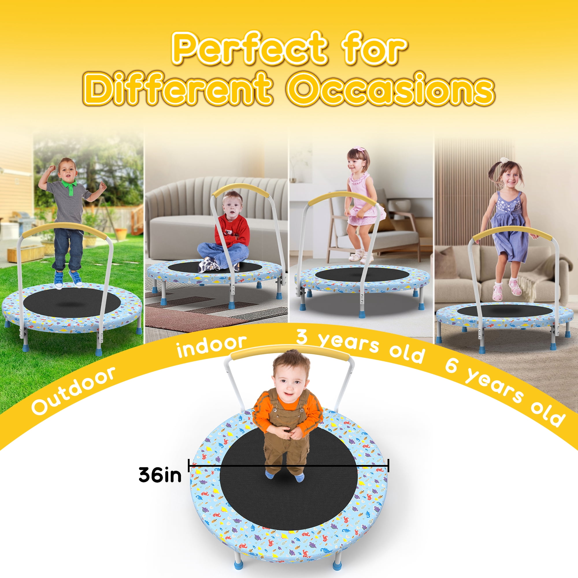 Mersco 36" Trampoline for Kids Indoor Trampoline with Handle for 2+ Years Kids Print Blue