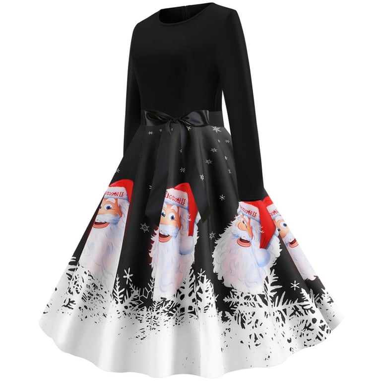 Abcnature Christmas Dress,Women Vintage Long Sleeve 50s Dresses,Xmas Printed Dress,A-line Retro Cocktail Swing Dress,Elegant O-Neck Christmas Evening