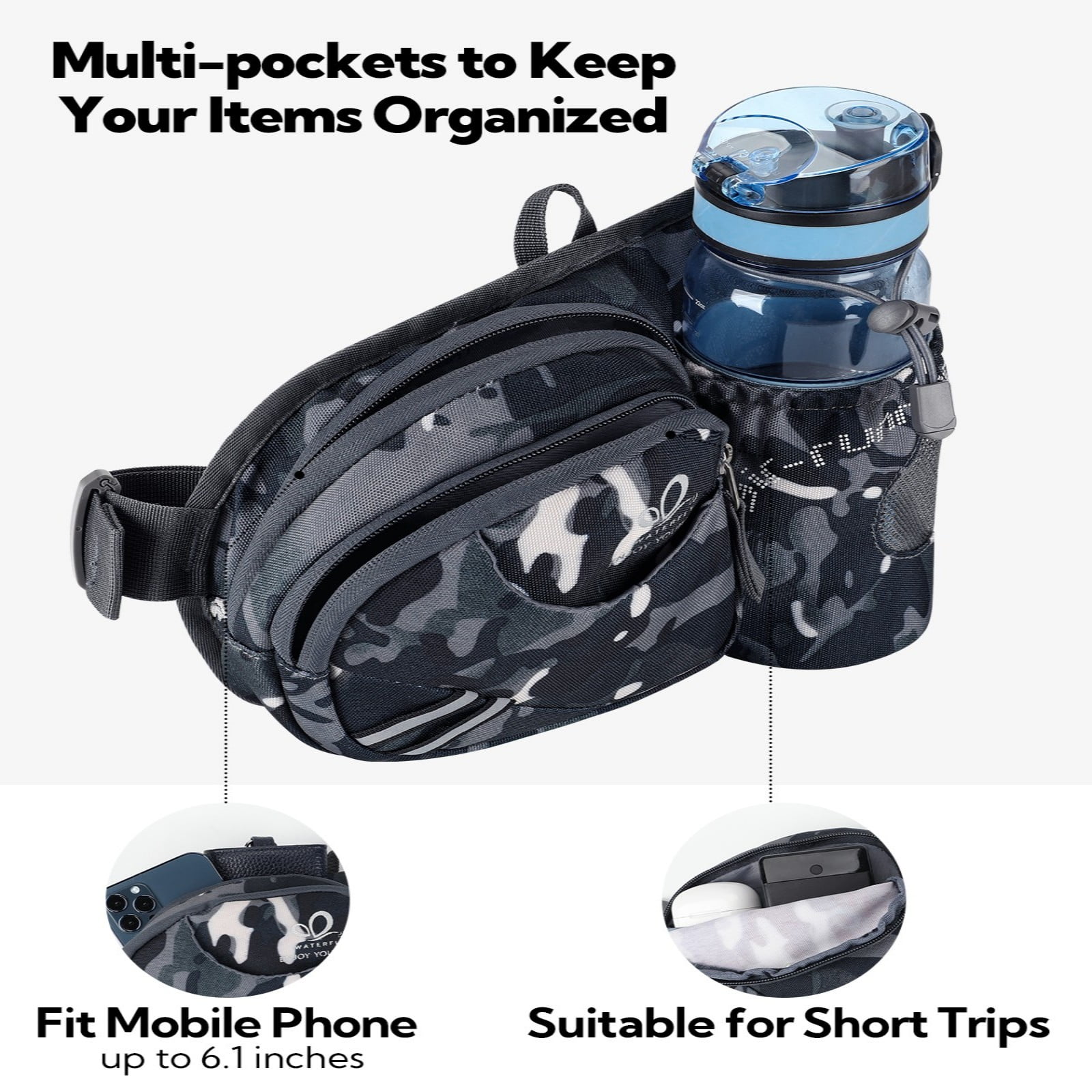 WATERFLY Unisex 3.5L Nylon Fanny Packs with a Water Bottle Holder Travelling Hiking Walking,Black camouflage