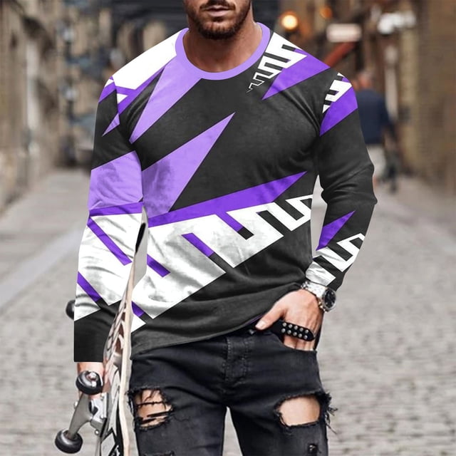 Pisexur Chandail à Manches Longues Homme Tissu de Haute Qualité T-Shirt à Manches Longues Homme, T-Shirt Blouse à Manches Longues à Col Rond Décontracté pour Homme à Rayures Imprimées Violet, 2TG