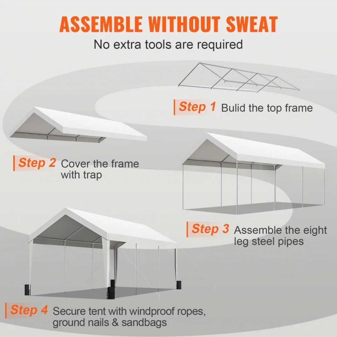 KFFKFF Carport Car Canopy Garage Shelter Tent 10x20ft with 8 poles for car boat