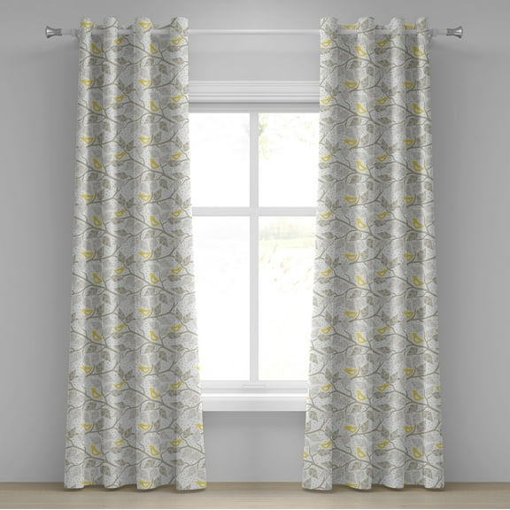 Ambesonne Grey and Yellow Grommet Curtain, Tree and Birds, 50" x 108", Grey Yellow and White