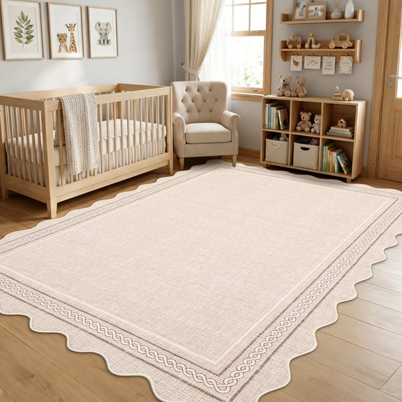 Garvee 5'x7' Scalloped Washable Area Rug Solid Border Carpet with Non Slip Backing, Soft Low Pile Rug for Living Room Bedroom Home Office, Beige
