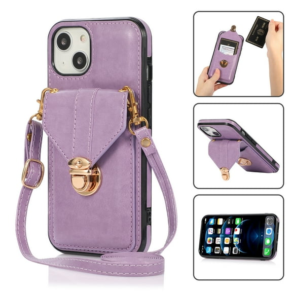 Crossbody Wallet Women Case for iPhone 14,[RFID Blocking] Credit Card Holder with Should Strap,Premium PU Leather Purse Metal Buckle Folio Flip Cover For iPhone 14, Purple