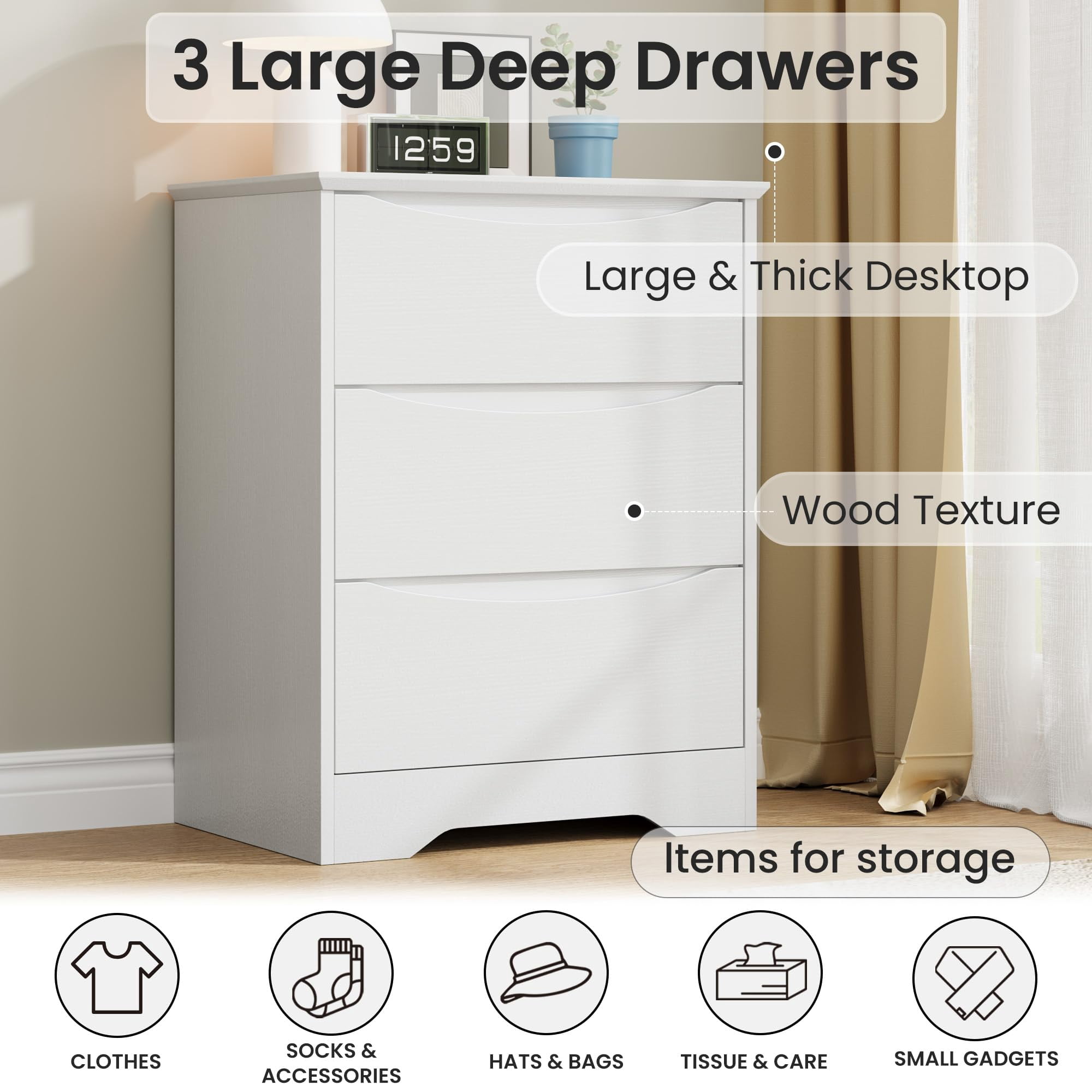 Kicctian Modern Dresser with 3 Deep Drawers, 30" Tall Wooden Storage Cabinet for Bedroom, Living Room, Entryway, White Wood Grain Finish