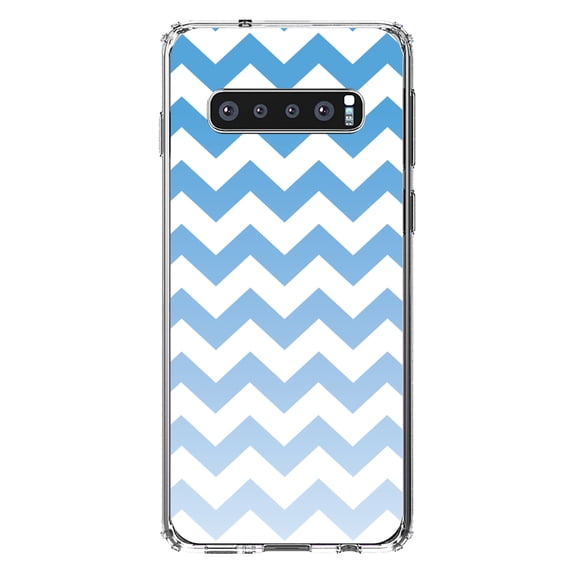 DistinctInk Clear Shockproof Hybrid Case for Samsung Galaxy S10 (6.1" Screen) - TPU Bumper, Acrylic Back, Tempered Glass Screen Protector - White Blue Fade Ombré Stripes