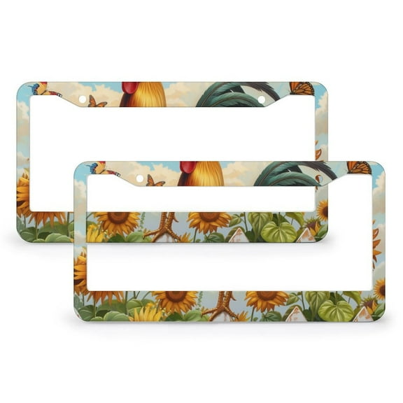 2 PCS Rooster Surrounded By Sunflowers And Butterflies License Plate Cover Watercolor Vintage Country Farm Style License Plate Cover License Plate Novelty License Plate Frame Aluminum Fits All Car
