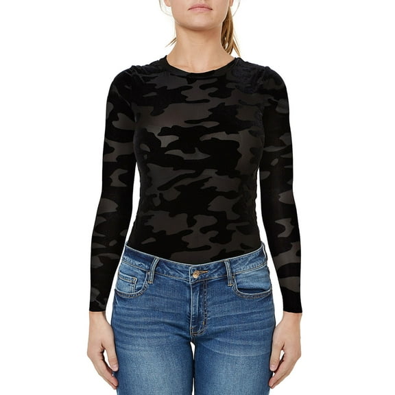 Numero Womens Burnout Camo-Print Bodysuit, Black, X-Small