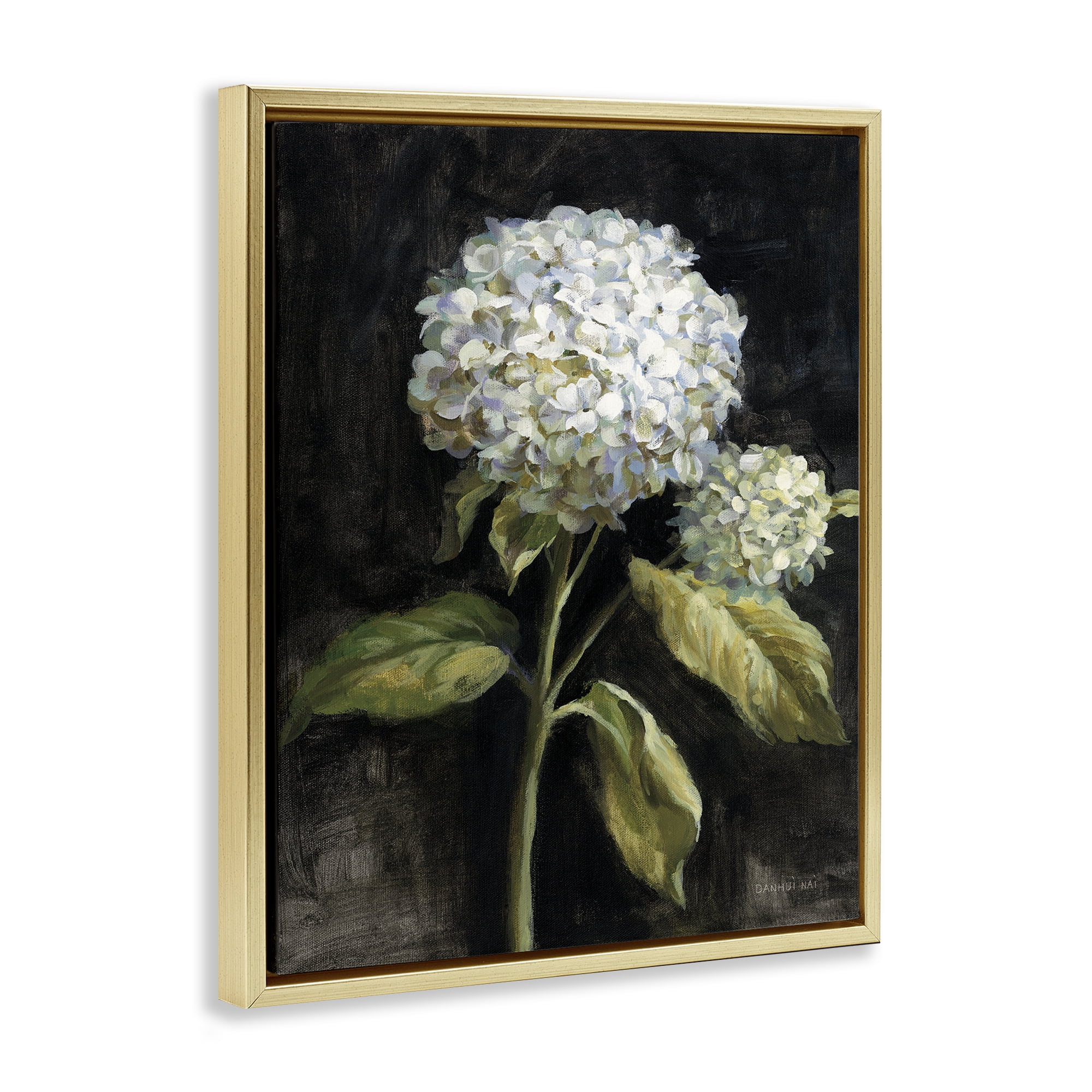 Stupell Industries Hydrangea on Black Plants & Flowers Painting Gold Floater Framed Canvas Art Print Wall Art, 25 x 31