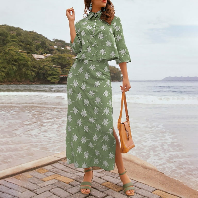 PMUYBHF Long Skirts for Women Fall Winter Petite Women Summer Wind Crushed Shirt Temperamental Printed Sleeve Long Skirt Suits Skirt Sets Women 2